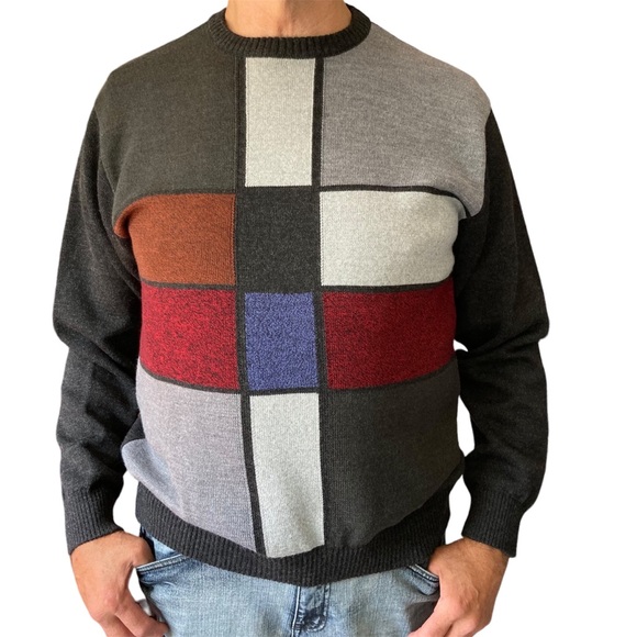 Bachrach Color block Knit Sweater Mens Sz Lg Grey Black Blue Red Wool Made Italy - Picture 1 of 9